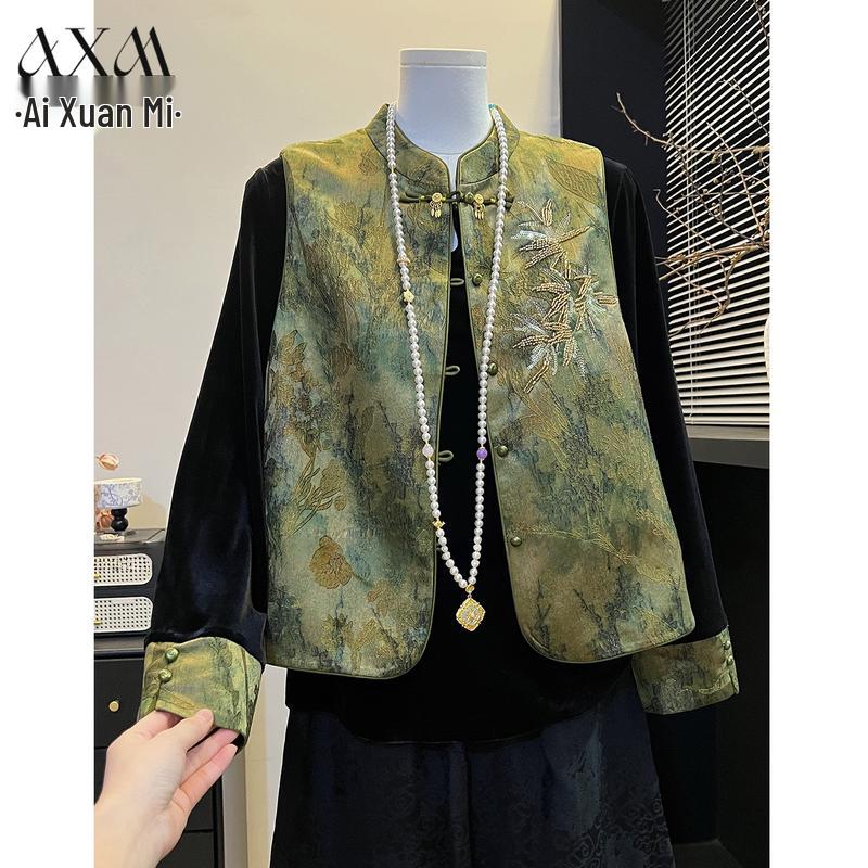 AIXUANMI Mother s New Chinese Style Embroidered Vest & Velvet Top Sets L
