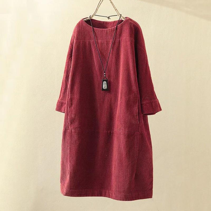 Women's Round Neck Long Sleeve Corduroy Midi Dress Loose A-Line Dress Vintage Retro Solid Color Casual Plus Size Shift Dress