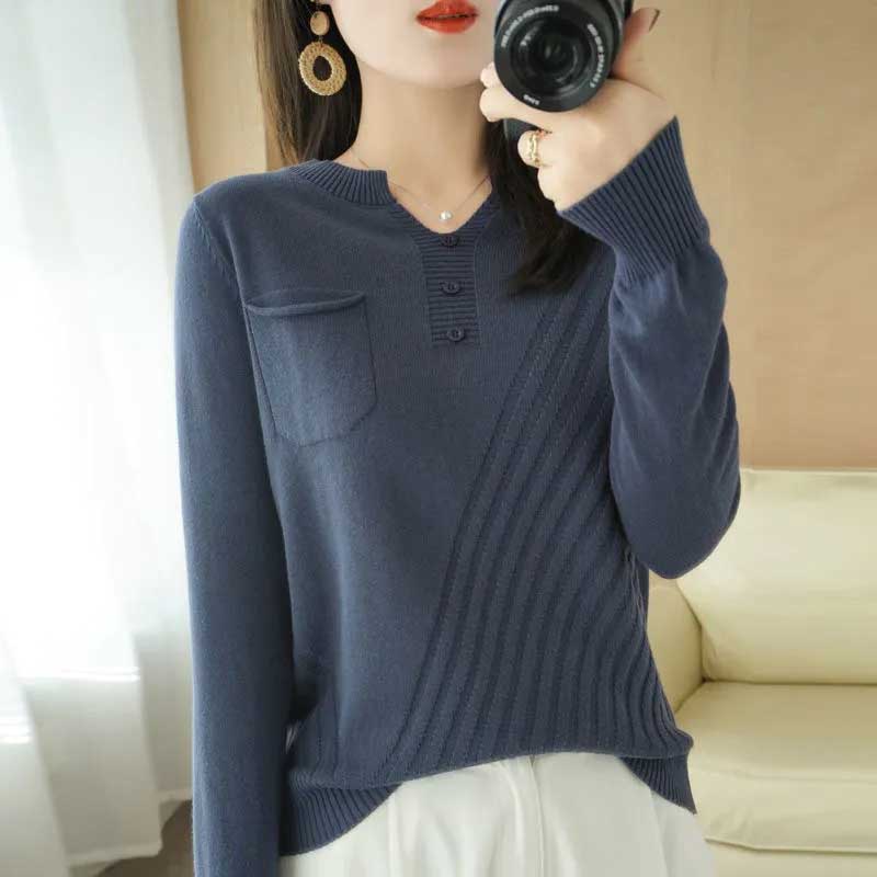 Thin Versatile Pullover Casual Sweater Women's V-Neck 100% Cotton Bottoming Shirt Loose Long Sleeve T-Shirt Knit Sweater