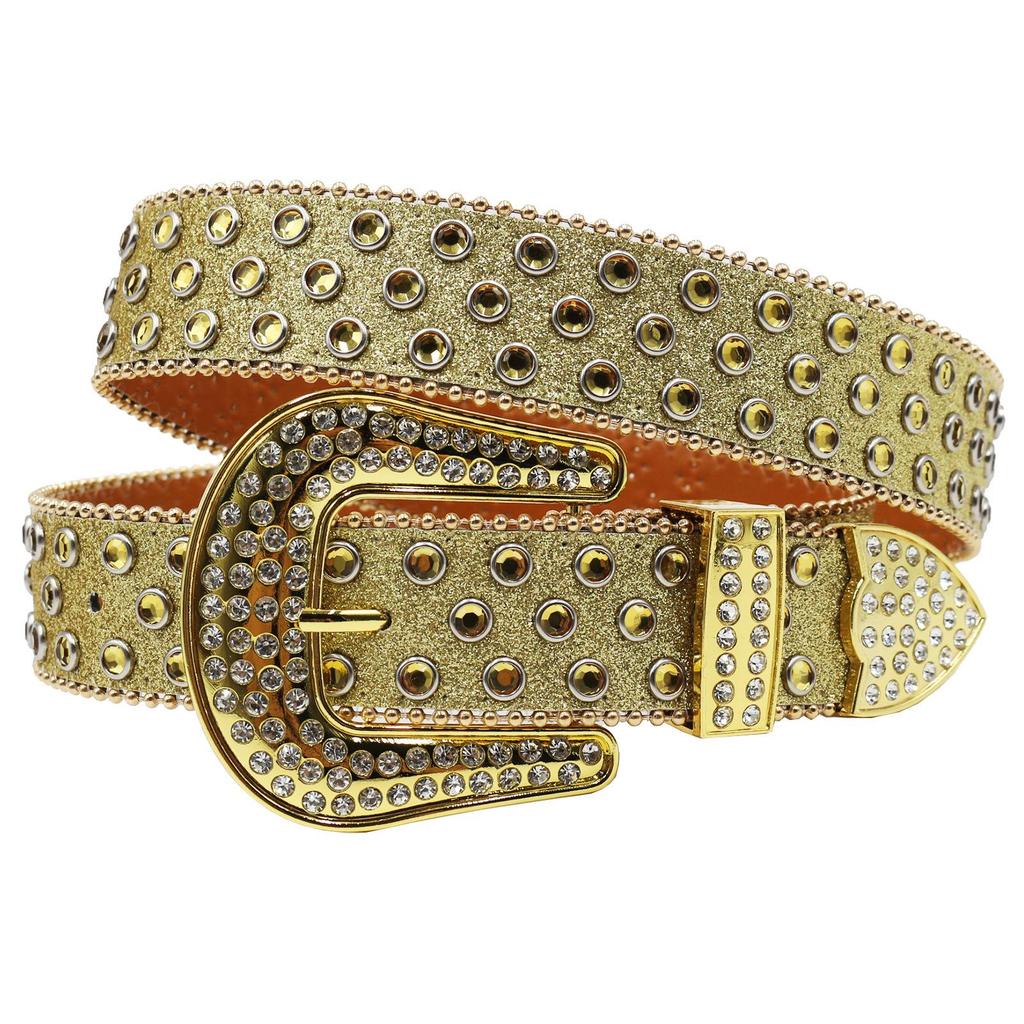 Y2K Punk Rhinestone Sequin Hip Hop Pin Buckle Leather Belt for Women