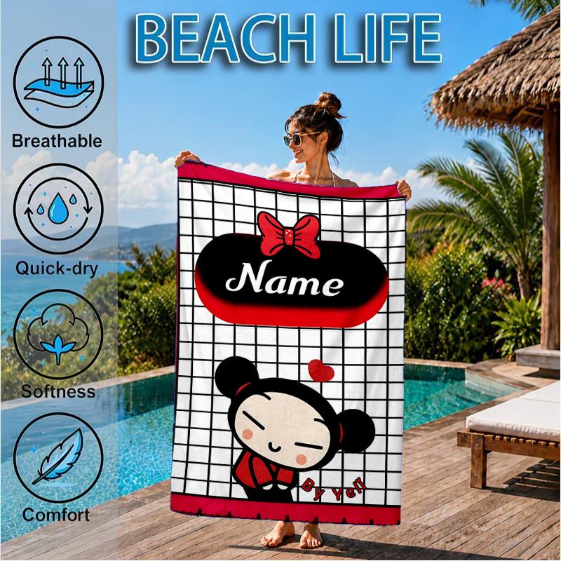 Custom Name Heartfelt Pucca Moment Beach Towel Microfiber Beach Towel, Lightweight and Quick-Dry, for Summer Travel, Swimming Pool Gift