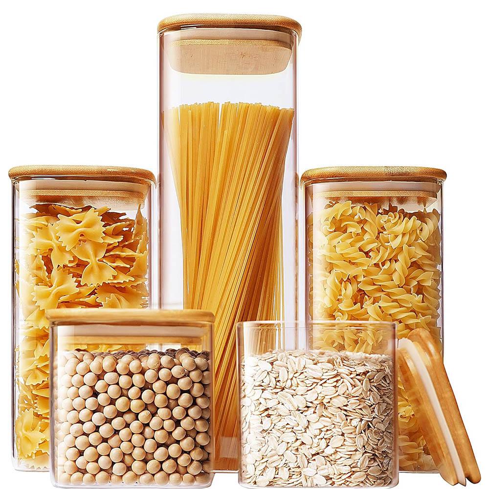 Bambu Kapaklı Kare Cam Saklama Kavanozları Kahve Çekirdekleri Tahıllar Erişte Gıda Saklama Kapları Mutfak Düzenleyicileri Saklama
