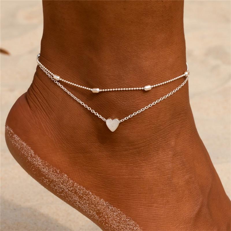 Two Layers Chain Heart Style Gold/Silver Color Anklets For Women Bracelets Summer Barefoot Sandals Jewelry On Foot Leg