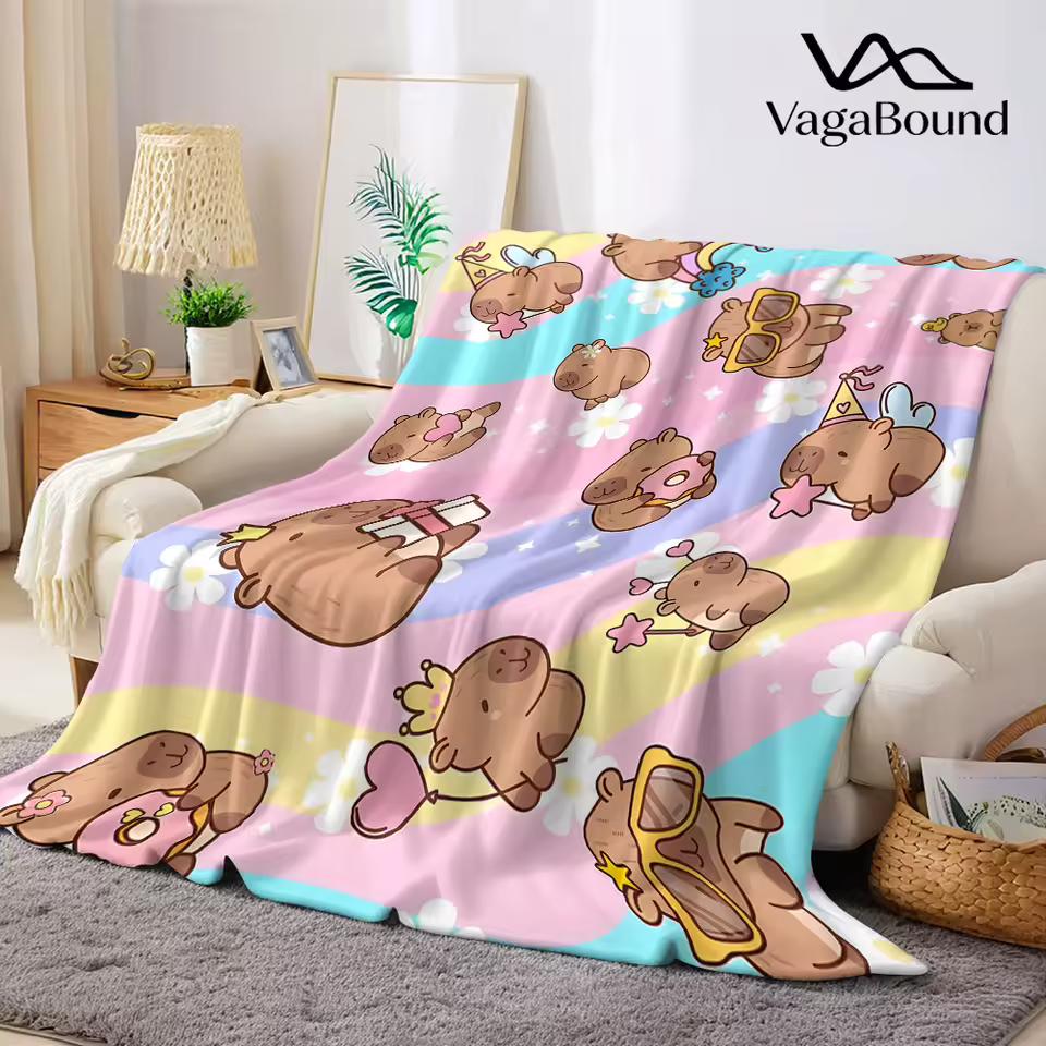 Rainbow Capybara Flannel Blanket Warm Soft Halloween Christmas Decorative Couch Warm Cozy All-Season Gift
