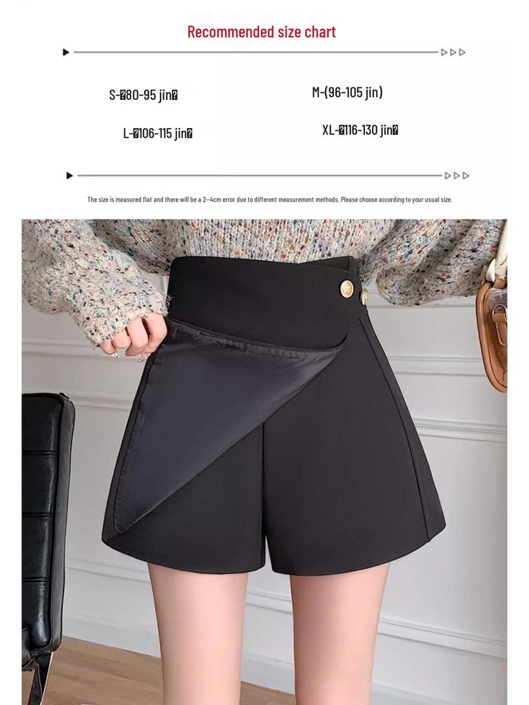 Petite Women's High-Waisted A-Line Black Culottes - Autumn Two-Piece Bootcut Shorts Suit