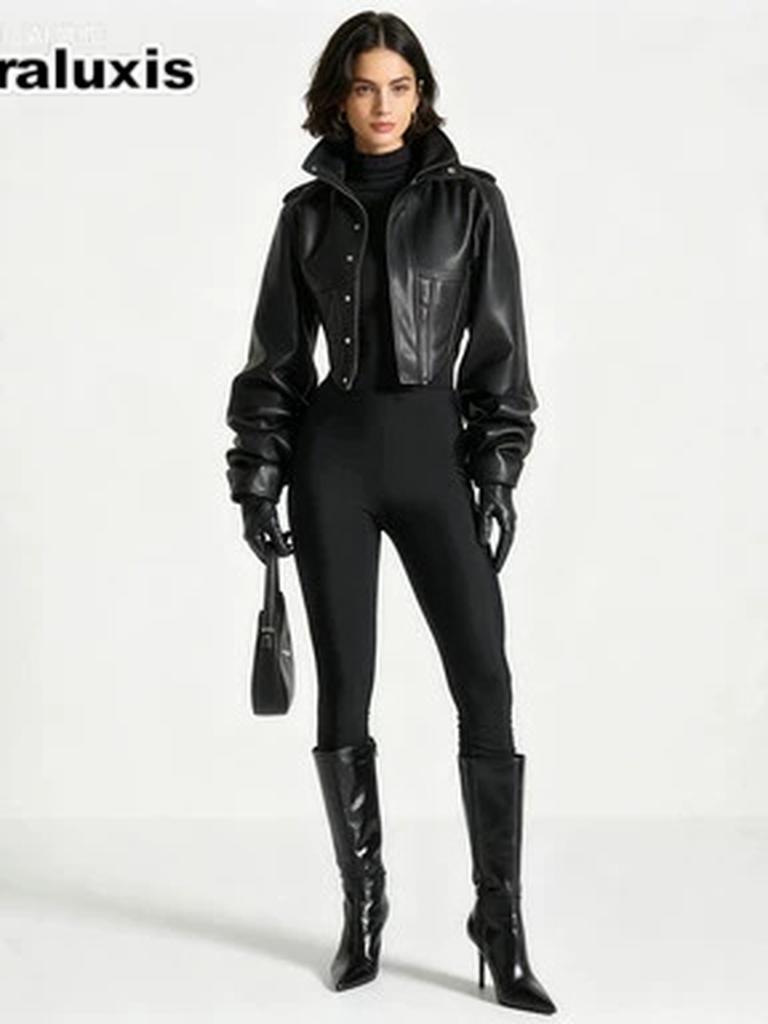 Nuova Giacca Corta da Donna in Pelle Classica con Collo Rialzato e Zip - Vestibilità Slim Vintage Usurata Marrone Caffè