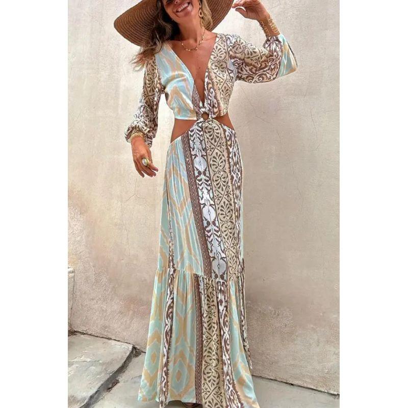 

European and American Print V-neck Open Waist Lace-up Long sleeve dress Long dress Printed V-neck Dress Picture Color S