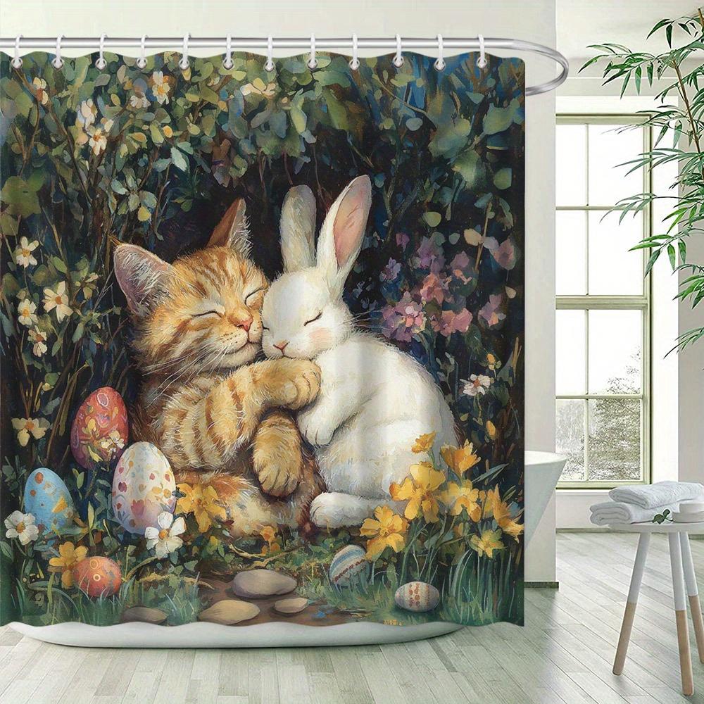 Kitten and Bunny in Spring Garden Waterproof Shower Curtain for Modern Bathroom Decor, Stylish and Durable, Perfect for Home Use