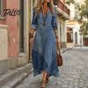 Casual Dress for Women Denim Print Maxi Women, Long Sleeve V Versatile Women's Neck Dress, Summer Loose A-line Flowy Vacation