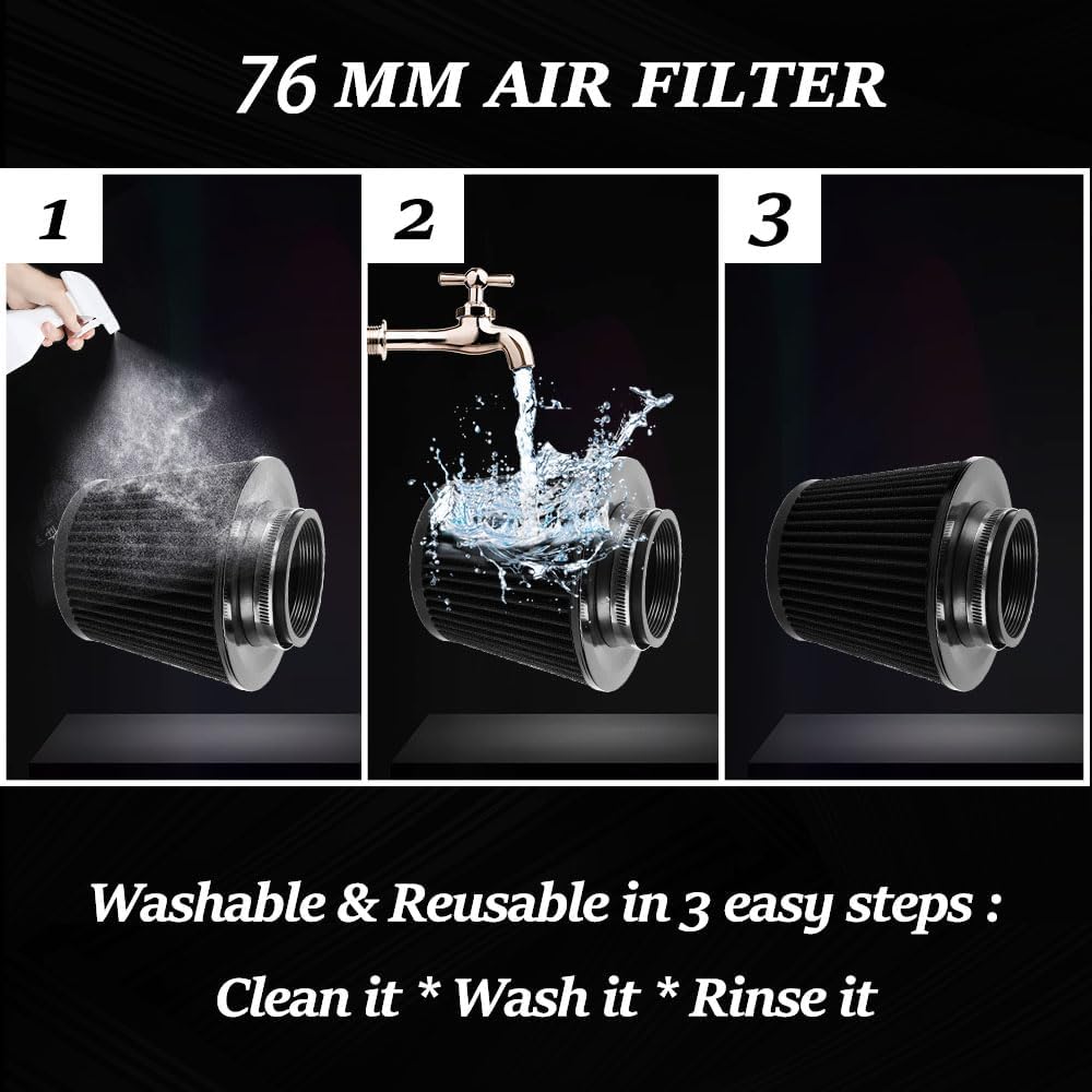 Black 3" Inlet High Flow Clamp-On Cold Air Intake Filter Cleaner 76Mm Cone Replacement Dry Air Filter