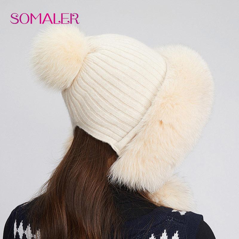SOMALER Winter Real Fox Fur Hats for Women Fur Pompom Ear Protect Caps Warm Lined Knitted Fur Beanies Fashion Russian Hat
