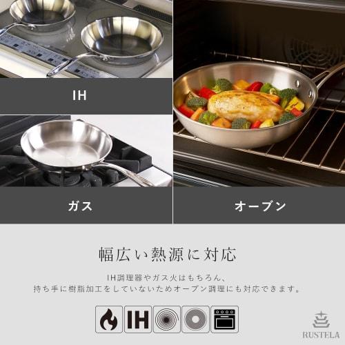 RUSTELA Commercial Stainless Steel Frying Pan, 24cm, Triple-Layer Construction, Induction Compatible, Dishwasher Safe, Uncoated, Induction/Direct Heat
