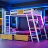 Metal Bunk Bed 90×200cm, Integrated Gaming Desk with Sockets, USB and Type-C Ports, with LED Light Strip, Two Storage Baskets, Youth Play Bed, White