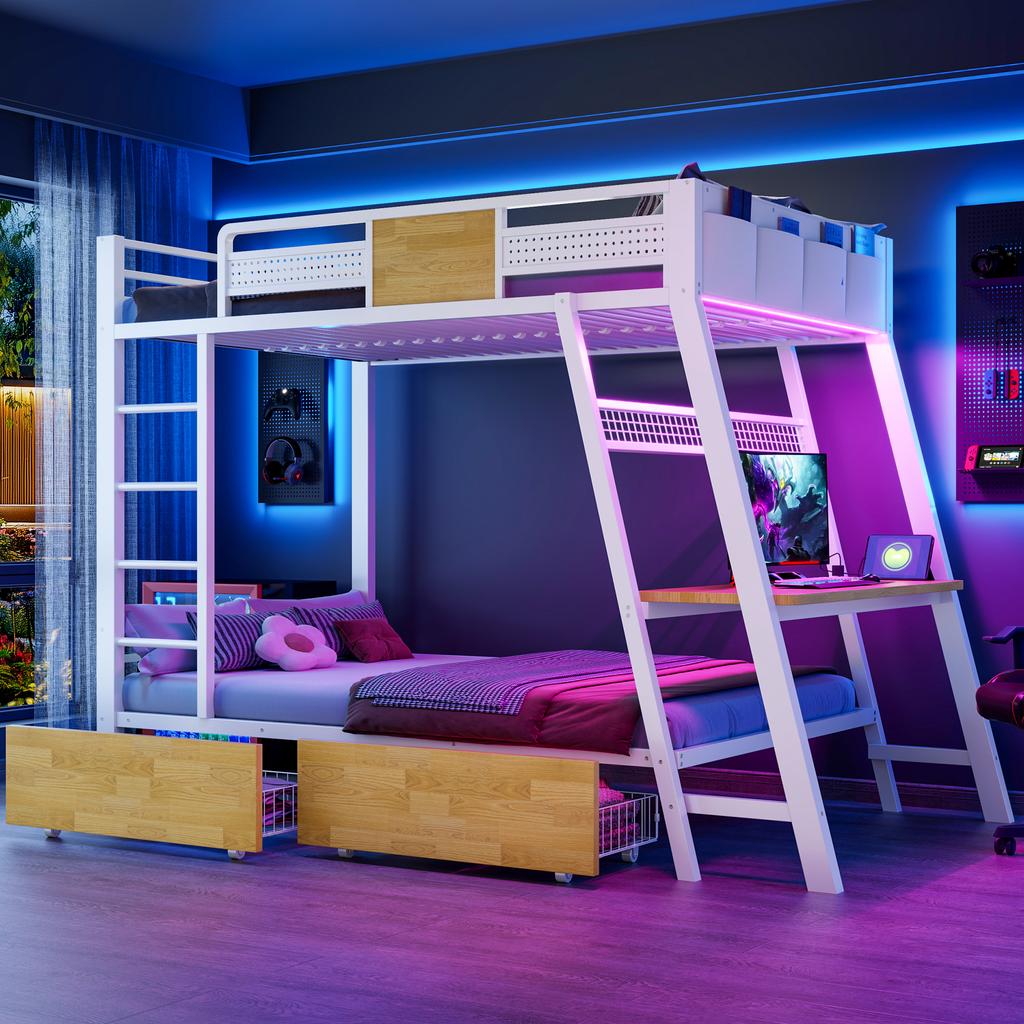 Metal Bunk Bed 90×200cm, Integrated Gaming Desk with Sockets, USB and Type-C Ports, with LED Light Strip, Two Storage Baskets, Youth Play Bed, White