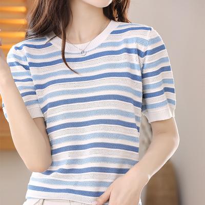 Round Neck Striped Hollow Ice Silk Knitted Base Shirt for Women's Summer Short-sleeved Casual and Versatile Color-blocking Loose T-shirt Thin