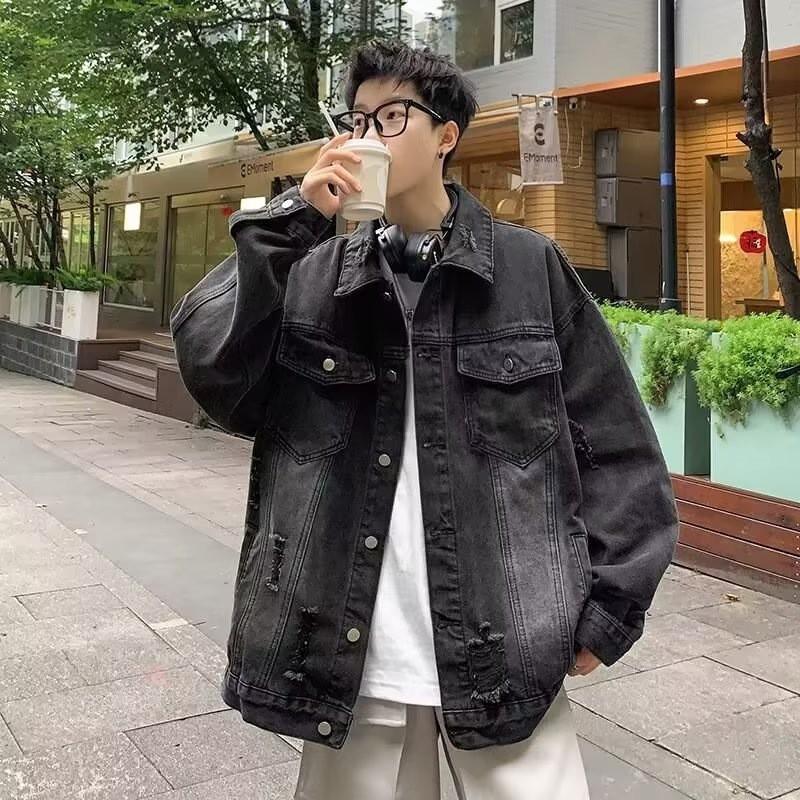 Mens Vintage Distressed Denim Jacket Loose Fit Fall Casual Outerwear