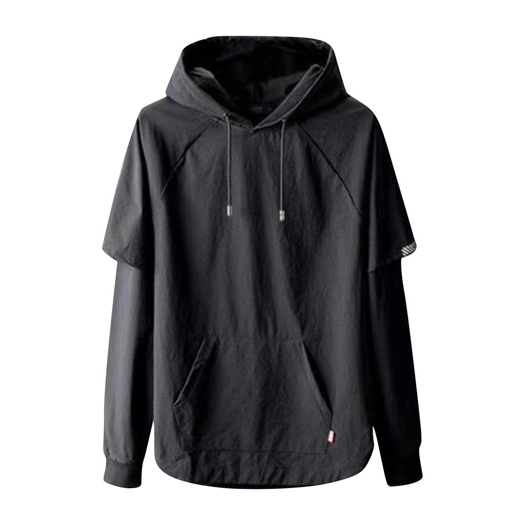 Men's Casual Sports Loose Fake Two Piece Clothing Long Sleeved Hooded Pullover Sweatshirt