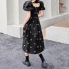 Women's Summer Temperament Square Neck Bubble Sleeve Printed Waist Slim Little Black Dress A-line Dresses