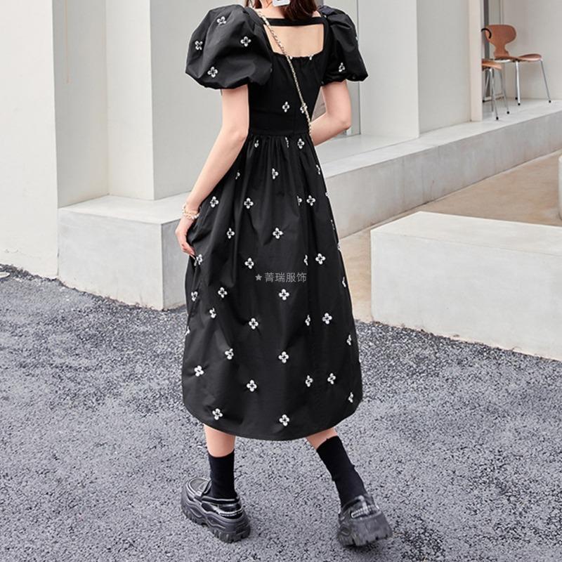Women's Summer Temperament Square Neck Bubble Sleeve Printed Waist Slim Little Black Dress A-line Dresses