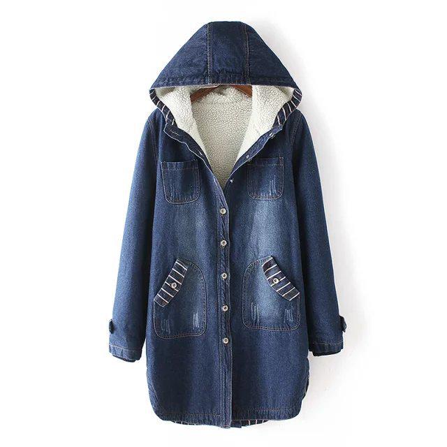 Women's Plus Size Hooded Denim Cotton Coat with Fleece Lining - Korean Style, Mid-Length, for Autumn and Winter.