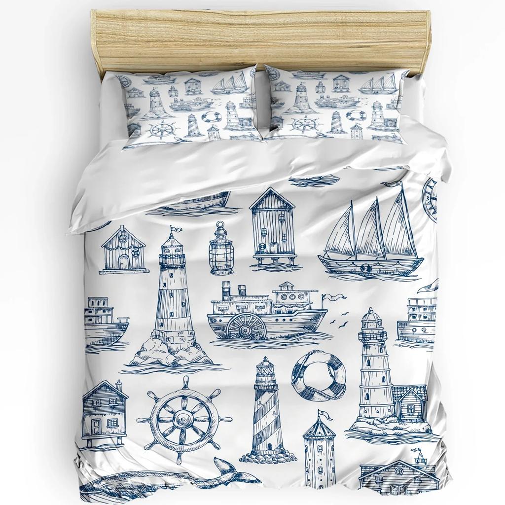 Nautical Anchor Ship Lighthouse Whale Art 3Pcs Bedding Set For Double Bed Home Textile Duvet Cover Quilt Cover Pillowcase