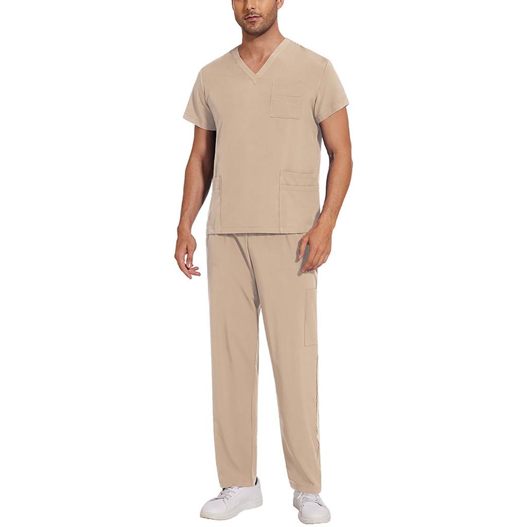 Soild Scrub Working Uniform Suit For Men's Cross V-Neck Short Sleeve Fun T-Shirts Workwear Tee With Pockets