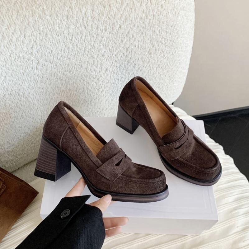 

Autumn new high-heeled cowhide version cm thick-heeled cowhide version one-pedal lazy loafer single shoes women s small leather shoes 39