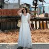Large size fat mm summer new gentle and sweet embroidered dress fashionable square collar waist long dress women