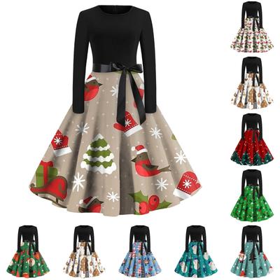 Women's Casual Fashion Round Neck Long Sleeve Christmas Printed Vintage Long Dress