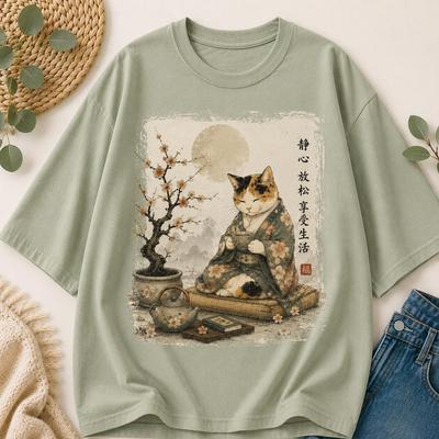 Zen Reading Cat Japanese Graphic T-Shirt and Kids Tshirt