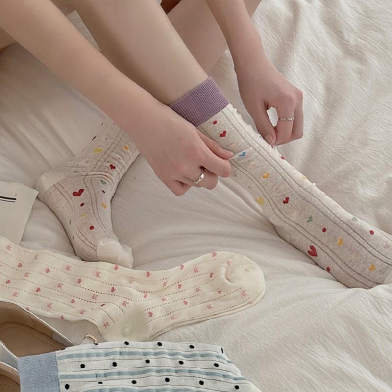 Women'S Socks Spring Summer Breathable Dopamine Socks Pure Cotton Love Polka Dots Sweet Girl Stockings Sweat Absorbing