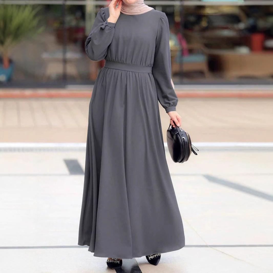 Women s Summer Solid Color V-neck Lantern Sleeve Lace-up Long Dress S