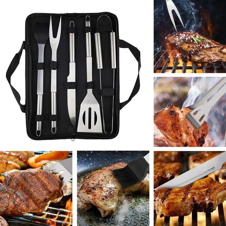 Akcesoria Do Grilla Zestaw 5 Szt Sztućce Do Grillowania Stalowe Pokrowiec