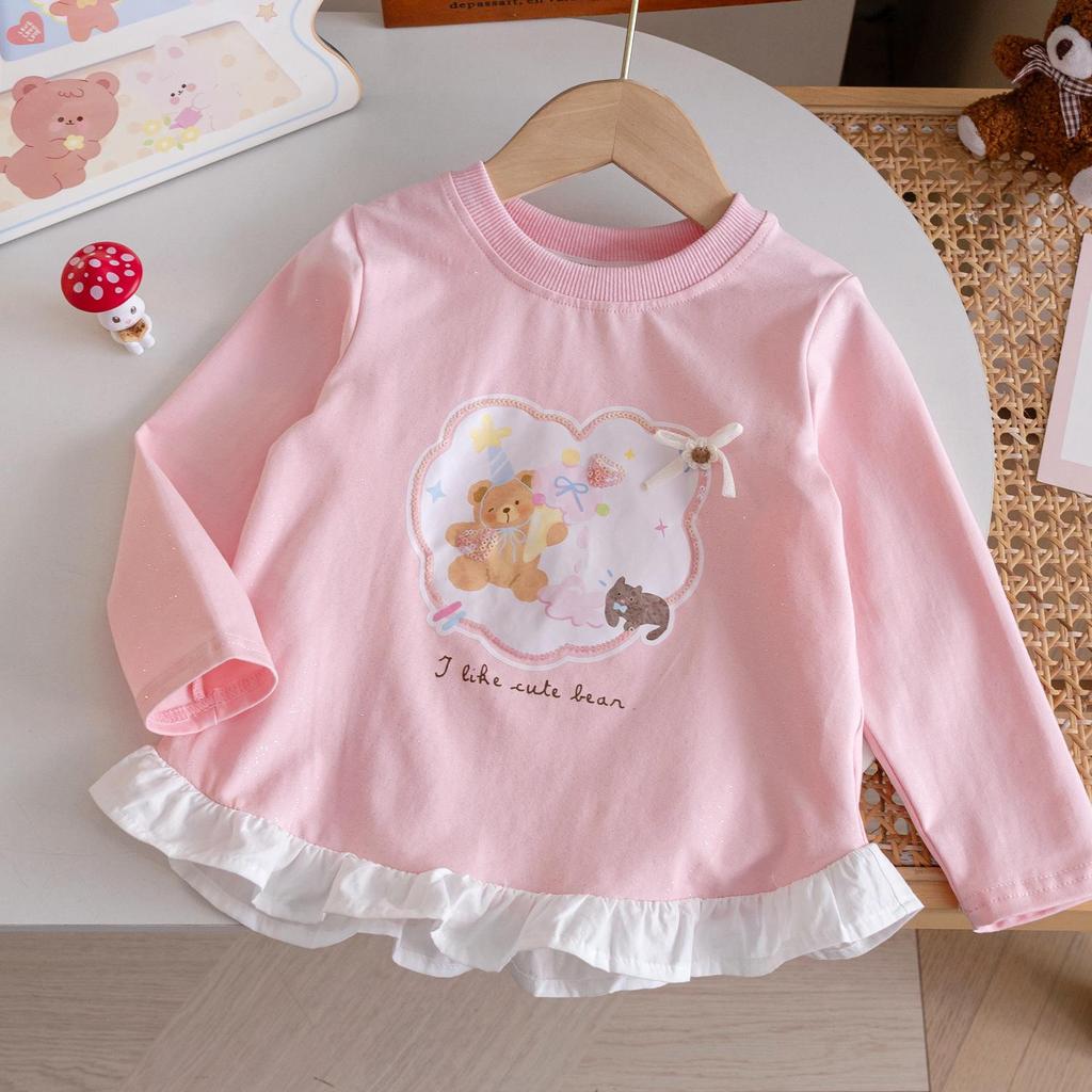 Rochie T-shirt cu mânecă lungă pentru fete, 2025, cu desen animat dulce și tivul fustei îmbinat