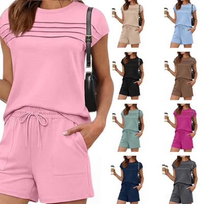 Women's Summer 2-Piece Set Pleated Short Sleeve Top & Drawstring Shorts Casual Loungewear Outfit