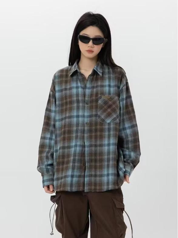 

Унисекс Рубашка с длинным рукавом в клетку в стиле ретро - Весенне-осенняя Свободная Повседневная Куртка с отложным воротником M коричневый