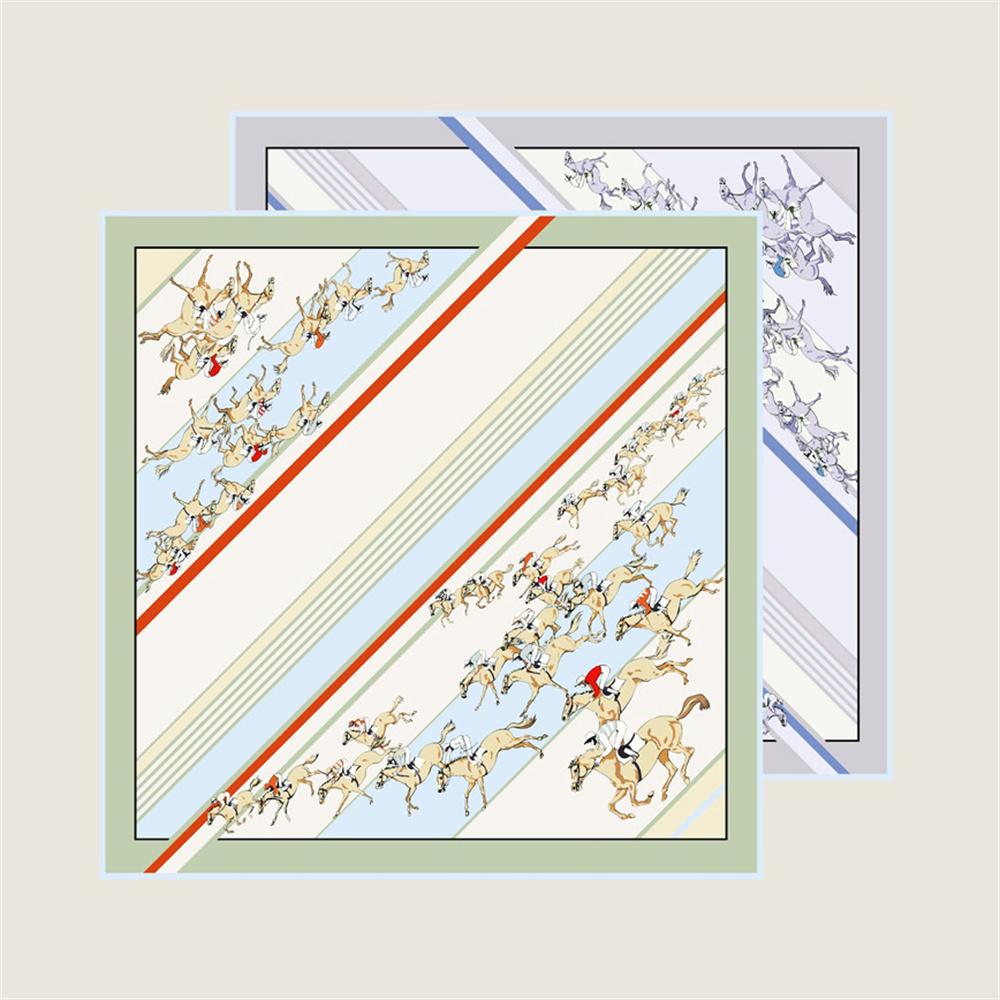 POBING Manual Hand Rolled Twill Silk Scarf Women Horse Double Print Square Scarves Wraps Echarpes Foulards Femme Hijab 90CM