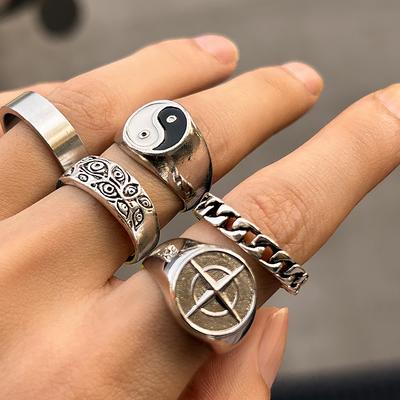 Hip-Hop Niche Tai Chi Patroon Ring voor Mannen, Trendy Modieuze Persoonlijkheid Mannenring, Vintage Ketting Wijzervinger Ring voor Mannen