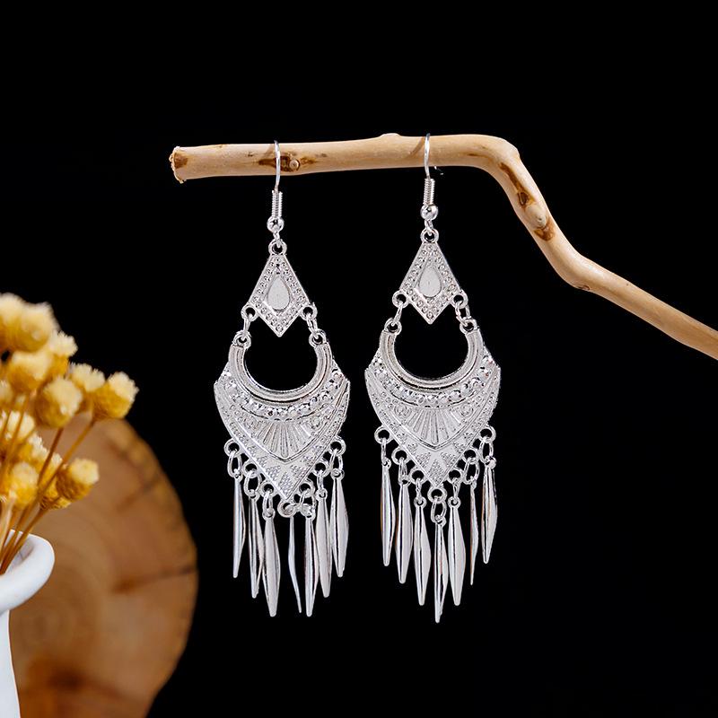 Imitation Miao Silver Ethnic Long Leaf Tassel Dangle Earrings