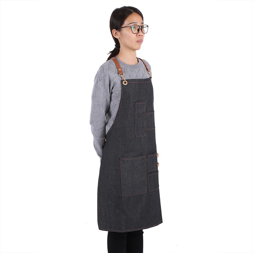 Denim Bib Apron Leather Strap Baker Bartender BBQ Chef Work Cook Uniform A