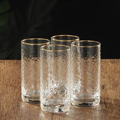 Zestaw 4 szt. 11 oz 320 ml Szklanki do wody ze złotym brzegiem Szklanki do wina z reliefem Domowe kubki do napojów Herbaty, Soków, Mleka, Wody gazowanej, Napojów, Odporne na ciepło