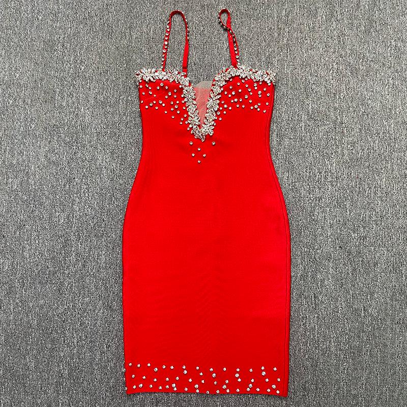 Women's European & American Rhinestone Strap Bodycon Bandage Dress - Sexy Socialite Style Evening Gown.