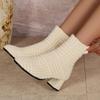 New Large-size Women's Autumn and Winter New Knitted High-heeled Plush Short Boots Solid Color, Round Head Thick Heel Elastic Women