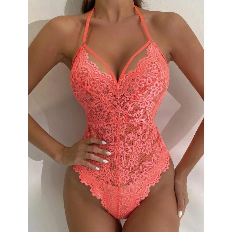 Women's Hollow Crotchless Bodysuit Slim Fit Erotic Mesh Lace Jumpsuit Bodysuit Summer Sexy Fashion Sleepwear Dress