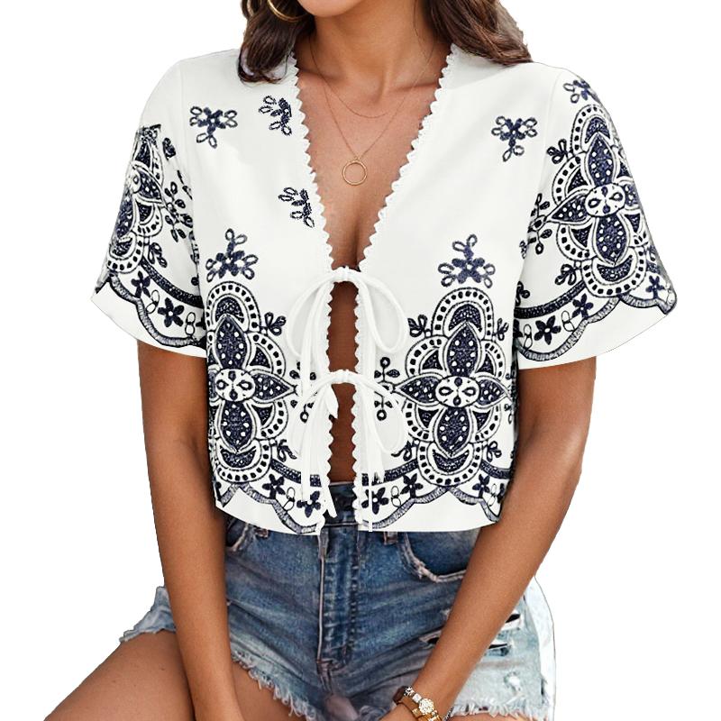 

ZANZEA Женская повседневная летняя блузка с V-образным вырезом, коротким рукавом и шнуровкой с принтом S белый