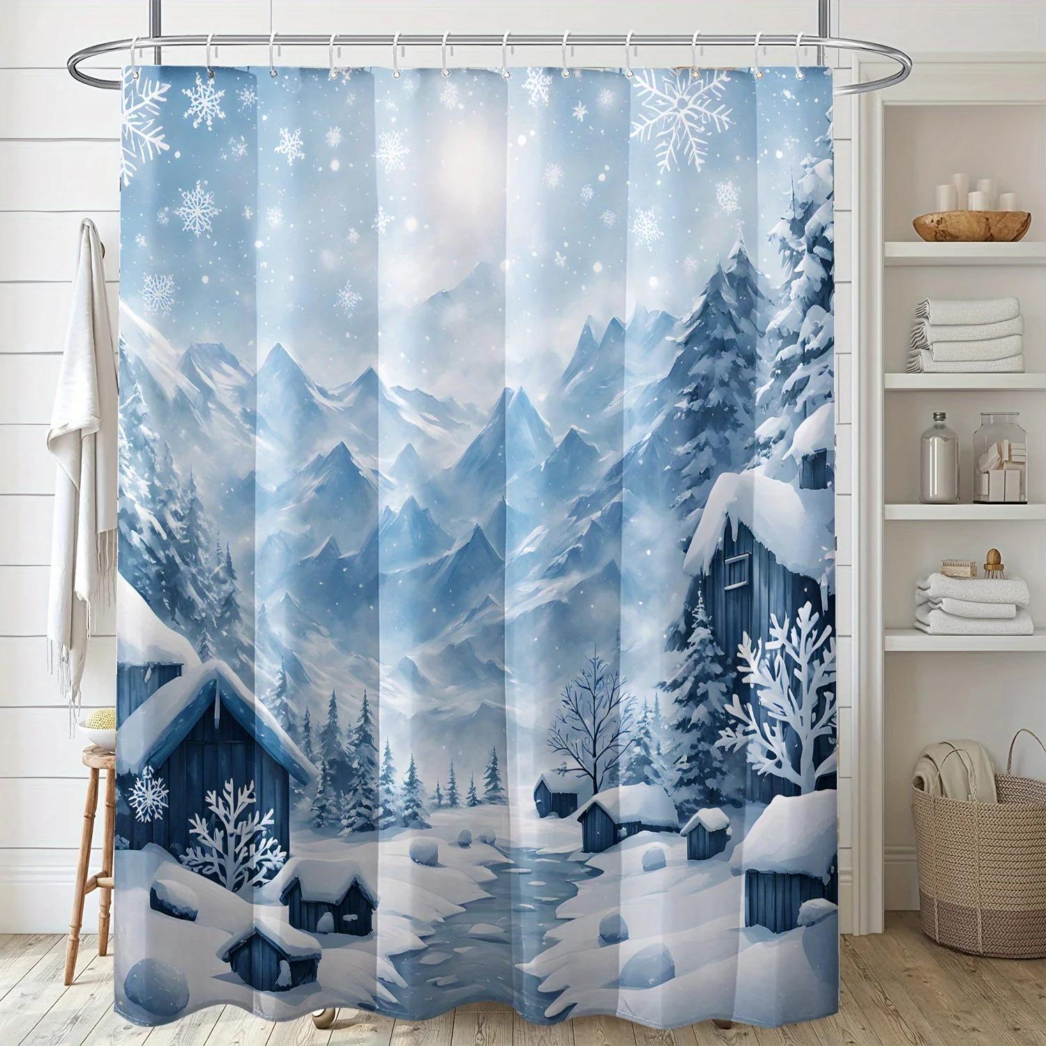 

Winter Mountain Snow Scene Shower Curtain Waterproof Polyester with Hook Machine Washable Bathroom Decoration Home Gift W90xH180cm