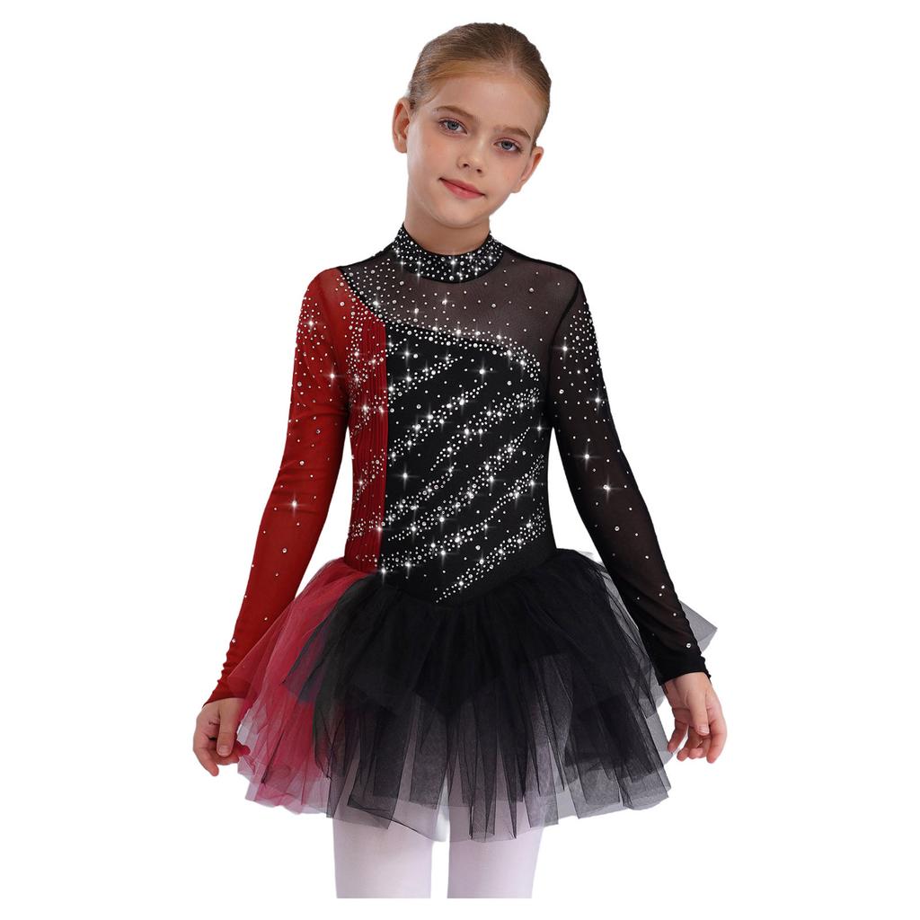 Girls Figure Skating Dress Long Sleeve Sparkling Rhinestones Color Block Patchwork Stage Performance Costume