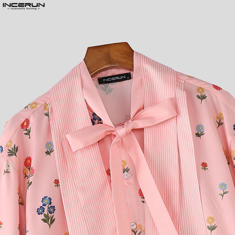 INCERUN Men Lapel Neck Short Sleeve Floral Print Striped Patchwork Casual Summer Shirts Tops