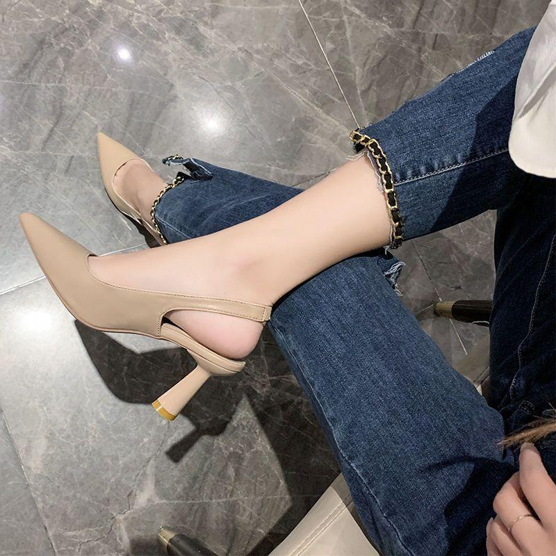 One-word Buckle Sandals Women's Fashion Women's Single Shoes 2025 Summer New French Pointed Head Bag Head Empty Women's High Heels