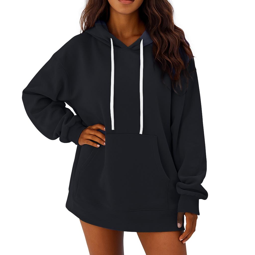 Women's Solid Color Long Sleeved Loose Casual Mid Length Pullover Hoodie Sweatshirt